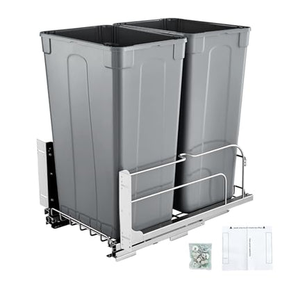 VEVOR Pull-Out Trash Can, 50 QT x2 Double Under Mount Kitchen Waste Container, Heavy Duty Garbage Recycling Bin with Door Kit and Soft Close Slide, for Kitchen Cabinet, Sink, Under Counter (Grey) - size: 100 QT (50 QT x 2), style: With Soft Close