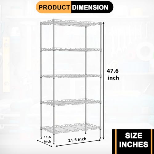 FDW | 5-Tier Wire Shelf | 21" x 11" x 48" | Chrome - color: Chrome, size: 5-Shelf No Wheels