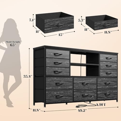 EnHomee Dresser for Bedroom with LED Lights & Charging Station - color: Black
