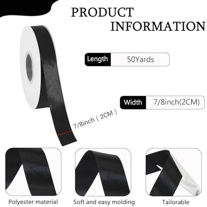 7/8in Polyester Black Satin Ribbon 50Yds Wedding Craft Gift Wrap - color: Black, size: 50 Yards