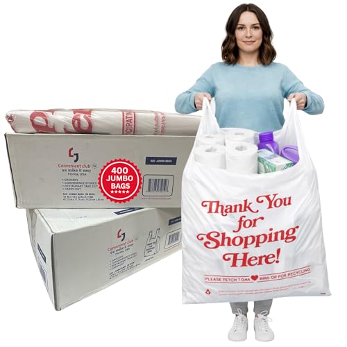 Jumbo Thank You Plastic T-Shirt Bags with Handles, 400 Count, 20 Micron Heavy Duty Grocery & Retail Bags, Large White Carryout Bags, 18" x 7" x 32", for Stores, Takeout & Shopping