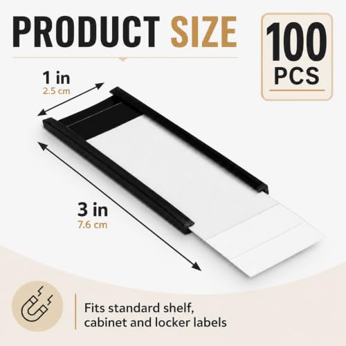CYEAH 100 Pack Magnetic Label Holders, 1 x 3 Inch C-Channel Magnetic Data Card Holders with Paper Inserts and Clear Plastic Protectors for Metal Racks, Shelves, File Cabinets and Lockers