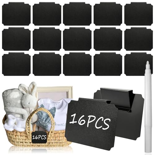 Basket Labels Clip On Set:16 Pcs Plastic Removable Labels with 1 Pcs White Chalk Marker for Storage Bins,Kitchen Pantry,Fabri Box,Hanging Bin