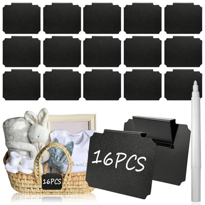 Basket Labels Clip On Set:16 Pcs Plastic Removable Labels with 1 Pcs White Chalk Marker for Storage Bins,Kitchen Pantry,Fabri Box,Hanging Bin