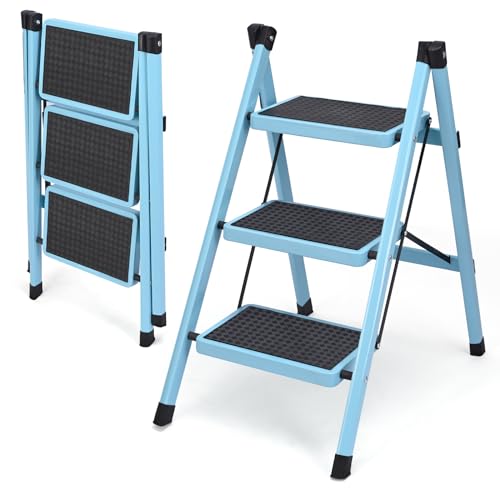 3 Step Ladder, Folding Step Stool for Adults, Lightweight Aluminum Step Ladder, Portable 330 LBS Capacity Ladders for Home Kitchen Library Office, Small Step Stools with Anti-Slip Wide Pedals, Blue