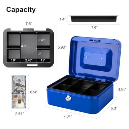 Jssmst Locking Medium Steel Cash Box with Money Tray,Lock Box,Blue - color: Blue, size: M(7.87")