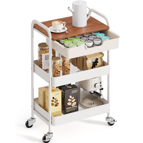 TOOLF 3 Tier Rolling Cart with Drawer, Metal Utility Storage Cart, White - color: White
