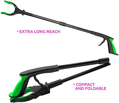Grabber Tool 19" Aluminum Magnetic Claw with LED Light, Lightweight Foldable Reacher Grabber Pickup Tool, Gripper Grabbers for Elderly Grab Reaching Tool Trash Picker Grabber, Green, By Luxet 2-Pack