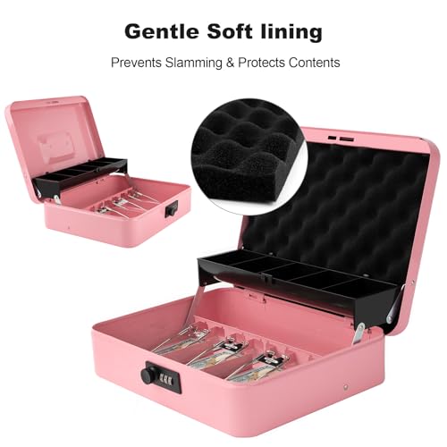 Cash Box with Combination Lock & Foam Auto-Pop Coin Tray – Secure Steel Money Box with 4 Upgraded Finger-Safe Bill Clips, Premium Smooth Scratch-Resistant Coating, 11.8", Combo Pink - color: Combo Pink