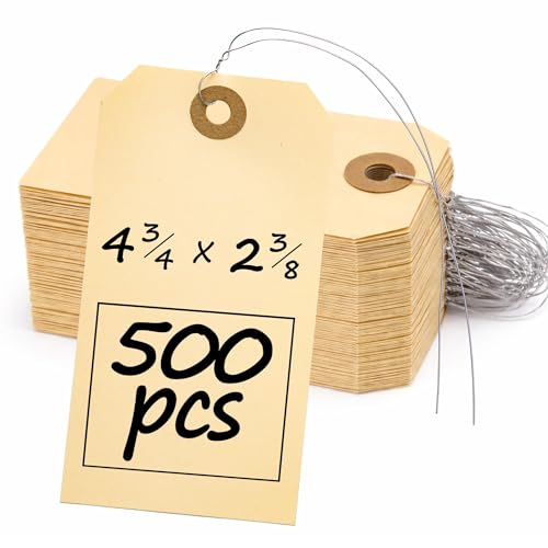 Perco Manila Shipping Tags with Metal Wires — Large Durable Blank Paper Tags 4¾″ x 2⅜″ — Ideal for Labeling and Inventory Use — Box of 500 - size: Large Tags (500 pack), style: With Wire Strings