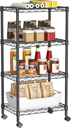 Golpart Small Shelves Storage Wire Metal Adjustable Shelf Unit with Wheels - color: Black, size: 4-Tier(11.7 "D X 17.7"W X 44.8"H)