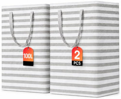 BOOMIBOO 2-Pack Large Laundry Basket,Waterproof Freestanding Laundry Hamper,Collapsible Clothes Basket with Easy Carry Handles in Laundry Room Bathroom Bedroom Dorm,Grey,100L - color: Grey, size: 100L