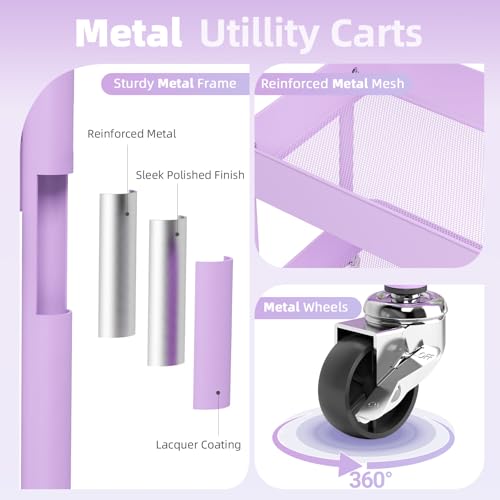 KINGRACK 3 Tier Metal Rolling Cart with Drawer, Purple Utility Storage Cart - color: Purple