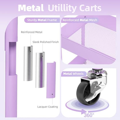 KINGRACK 3 Tier Metal Rolling Cart with Drawer, Purple Utility Storage Cart - color: Purple