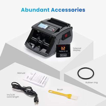 BODIOO Professional Money Counter Machine with UV/MG/IR/DD Detection, High-Speed 1000 Bills per Minute, USD and EUR Support, External LCD Display,Black