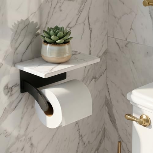FORIOUS Natural Marble Toilet Paper Holder with Phone Shelf, Commercial - color: Matte Black, size: Single Roll