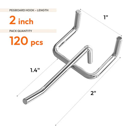 JEAWIWI 120 Pack Metal Pegboard Hooks, 2 Inch, Fit 1/4 & 1/8 in Peg Board - color: Silver, size: 2in 120pcs