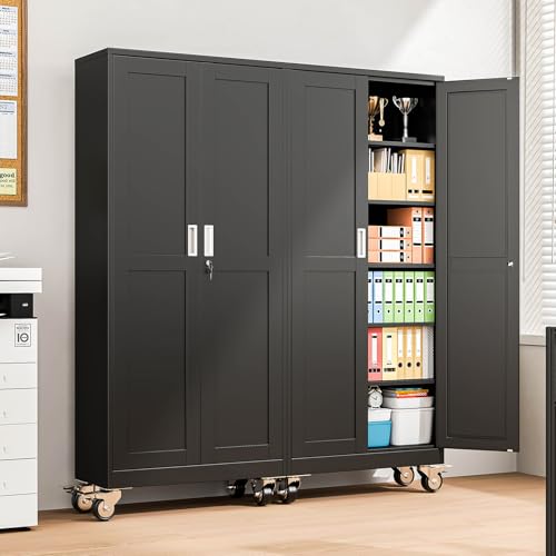 pozdeg 75" Black Lockable Rolling Metal Garage Storage Cabinet - color: Black, size: 15.75"D x 31.5"W x 75"H