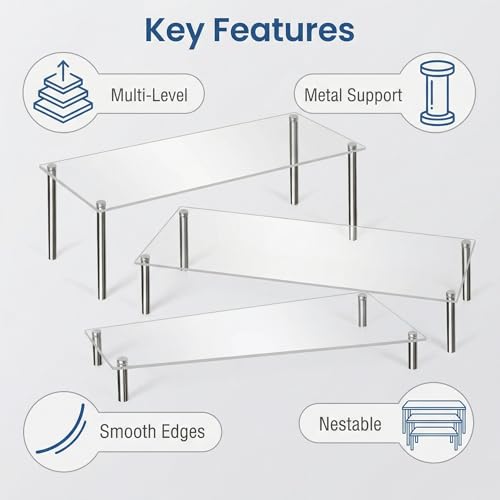 Acrylic Display Risers Set of Three Clear Rectangular Stands with Metal Support Posts for Cake Stand Styling Countertop Tiered Organizer Small Size Transparent One Piece