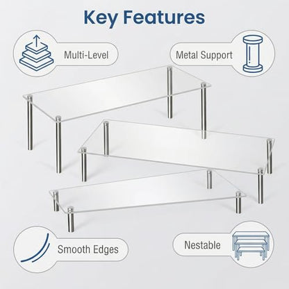 Acrylic Display Risers Set of Three Clear Rectangular Stands with Metal Support Posts for Cake Stand Styling Countertop Tiered Organizer Small Size Transparent One Piece