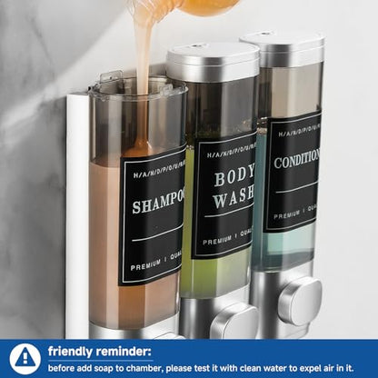 Shower Soap Dispenser Wall Mounted No Drill Shampoo Dispenser for Shower Wall Shampoo and Conditioner Dispenser Bathroom Hotel 3 * 350ml with Waterproof Labels Silver - color: Silver