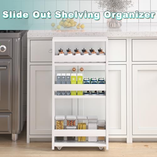 MARTY Slim Rolling Storage Cart, Wood Utility Kitchen Bathroom Laundry Cart - color: White, size: 5.51"D x 15.75"W x 31.5"H