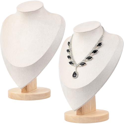 2 Pcs Necklace Display Stand Bamboo, Wooden Jewelry Bust Holder with Beige Velvet, 9.1 Inch Height, 6.6 Inch Width, Ideal for Home or Store Showcase, Organizer and Photography Prop
