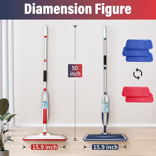 Spray Mop for Floor Cleaning, 2 Pack with Refillable Bottles & Pads - color: Red Blue