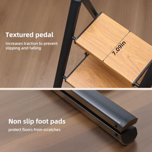SOLADDER 2 Step Ladder, Folding Step Stool, Black & Woodgrain - color: Black&woodgrain, size: 2 Step