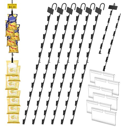 Hanging Chip Clip Strips for Merchandising with Hooks, 32 inch Chip Display Rack Stand 72 Clips Potato Chip Bag Holder with Label Headers Metal Retail Display Rack for Snack Candy 6 Pcs Black - size: 6Pcs-Black
