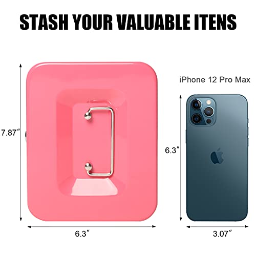 Cash Box with Money Tray, Parrency Large Money Box with Key Lock，Medium，7 4/5" x 6 4/5" x 3 3/5"，Pink - color: Pink, size: Medium（7.87")