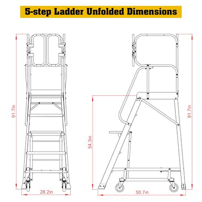 4-Step Aluminum Rolling Platform Ladder 375 LBS Anti-Slip Platform (5 Step) - size: 5 Step