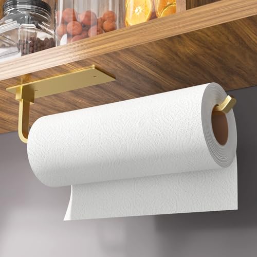 Paper Towel Holder Under Cabinet, Self-Adhesive or Drilling, Gold - color: Gold