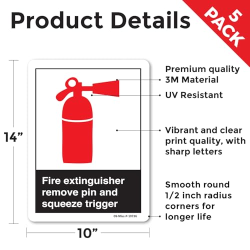 Fire Extinguisher Remove Pin And Squeeze Trigger ANSI Vinyl Decal Label 14 Inch x 10 Inch - 5 Pack - color: Vinyl Decal, size: 5 Pack of 14" x 10"