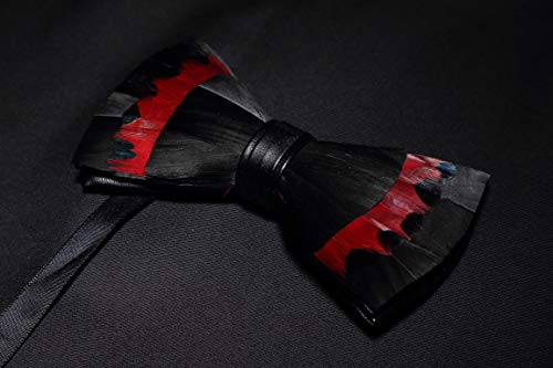 RBOCOTT Handmade Feather Pre-tied Bow tie and Brooch Sets for Men - color: Black/Red