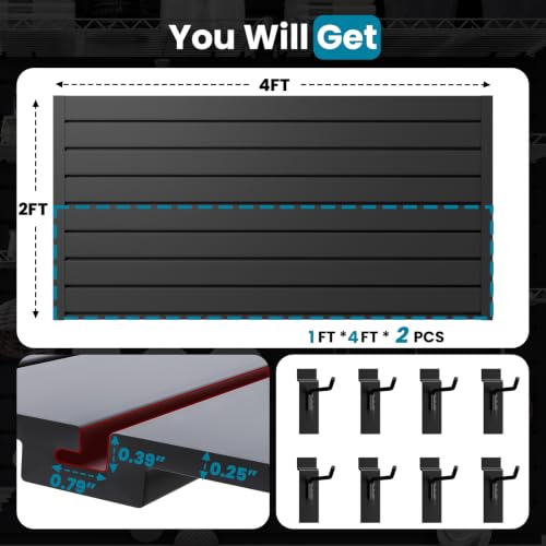 4x2 FT Slat Wall Paneling Wall Storage Systems with 8 Hooks (Black) - color: Black, size: 4x2 FT