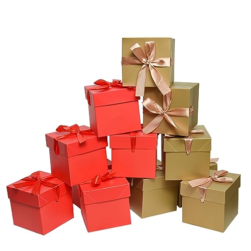 Gift Box with Lid for present,6"×6"×6", Collapsible,12pcs - color: Gold & Red, size: 6 x 6 x 6 Inch