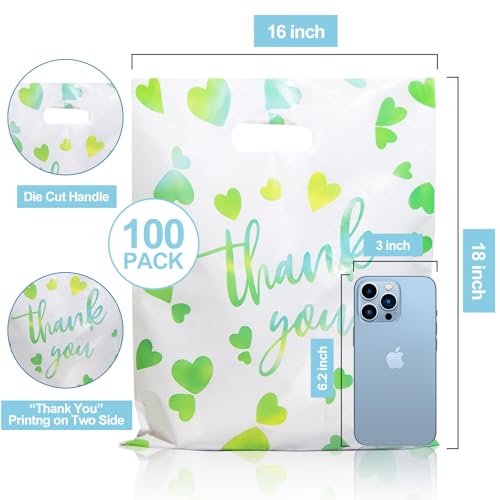 WAKAKO Bulk 100 Green Thank You Shopping Bags with Handles – Durable Plastic Retail Bags for Business Small, Boutique, Gifts, Merchandise (X-Large 18"x16") – Fits Clothing, Home Goods - size: X - Large