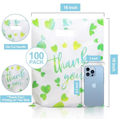 WAKAKO Bulk 100 Green Thank You Shopping Bags with Handles – Durable Plastic Retail Bags for Business Small, Boutique, Gifts, Merchandise (X-Large 18"x16") – Fits Clothing, Home Goods - size: X - Large
