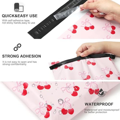 Whaline 100Pcs Cherry Poly Mailer 10 x 13 Inch Pink Bow Fruit Mailing Bag Valentine Cute Self-Sealing Plastic Packaging Envelope Bag for Small Business - style: Bow Cherry