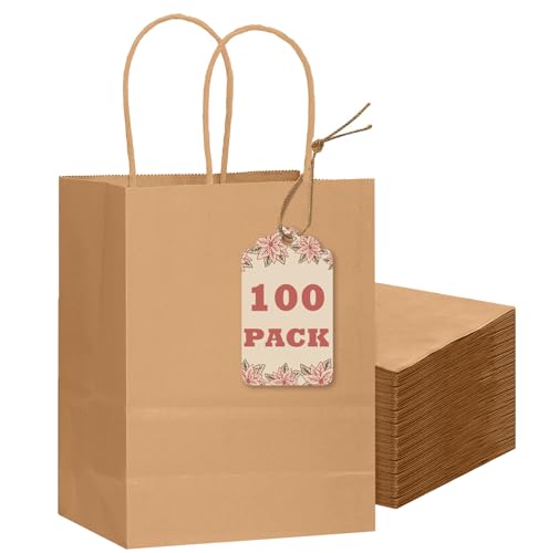 qiqee 100-Pcs Small Size Paper Gift Bags with Handles Bulk 8.26"×6"×3.15" Brown Gift Bags Multiple Uses - size: Small - 100 Packs