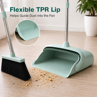 Broom and Dustpan Set, 52-Inch Adjustable Long Handle with Self-Cleaning Comb Teeth, Flexible TPR Lip and Foot-Assisted Fold-Up Dustpan for Pet Hair, Dust, Crumbs and Hard Floors, Green - color: Green