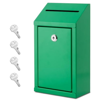 EIENHOSHI Metal Donation Box with Lock, Wall Mounted, Suggestion Box with 4 Iron Keys, Green, Cash Drop Box with Slot, 1-Pack - color: Green
