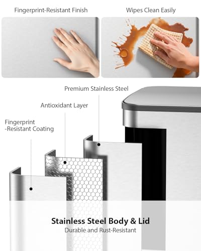 Lovewind Double Trash Can Kitchen, 13+5.5 Gallon Stainless Steel Dual Trash and Recycle Bin Combo with Silent Close Lid, Heavy-Duty Foot Pedal, Easy to Clean Garbage Can for Large Families, Silver - color: Silver, size: 13+5.5 Gallon