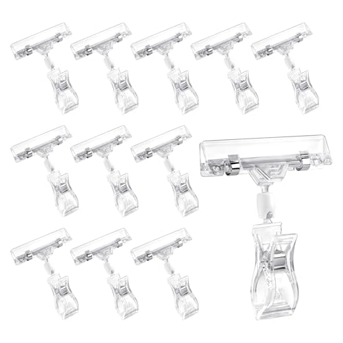 12 Pcs Clear Plastic Sign Clips Rotatable Double-Sided Price Tag Holders Merchandise Display Swivel Pop Clips for Retail Store Shelf Clothing Rack