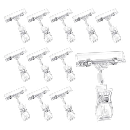 12 Pcs Clear Plastic Sign Clips Rotatable Double-Sided Price Tag Holders Merchandise Display Swivel Pop Clips for Retail Store Shelf Clothing Rack