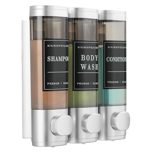 Shower Soap Dispenser Wall Mounted No Drill Shampoo Dispenser for Shower Wall Shampoo and Conditioner Dispenser Bathroom Hotel 3 * 350ml with Waterproof Labels Silver - color: Silver