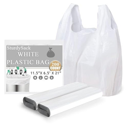 Plastic Bags, (11.5”x 6.5" x 21”)(200Pack) White Plastic Shopping Bags with Handles for Small Business Grocery T Shirt Bag Reusable and Disposable, in Bulk - size: 4 Gallon / 200 Count