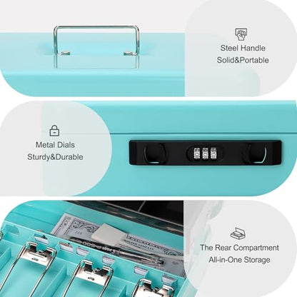 Jssmst Metal Cash Box with Money Tray and Lock, Portable Cash Drawer, 11.8" - color: Light Blue Code-B
