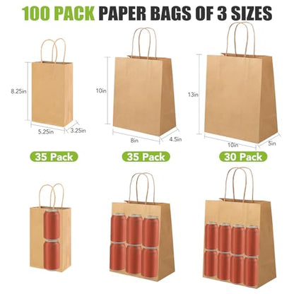 XPCARE Brown Paper Bags with Handles, 100PCS 3 Different Sizes of Gift Bags - color: brown, size: 1 Count (Pack of 100)